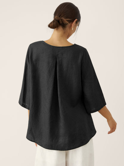 100% Linen Round Neck Asymmetrical Hem Top BRIANNA by LINTICO
