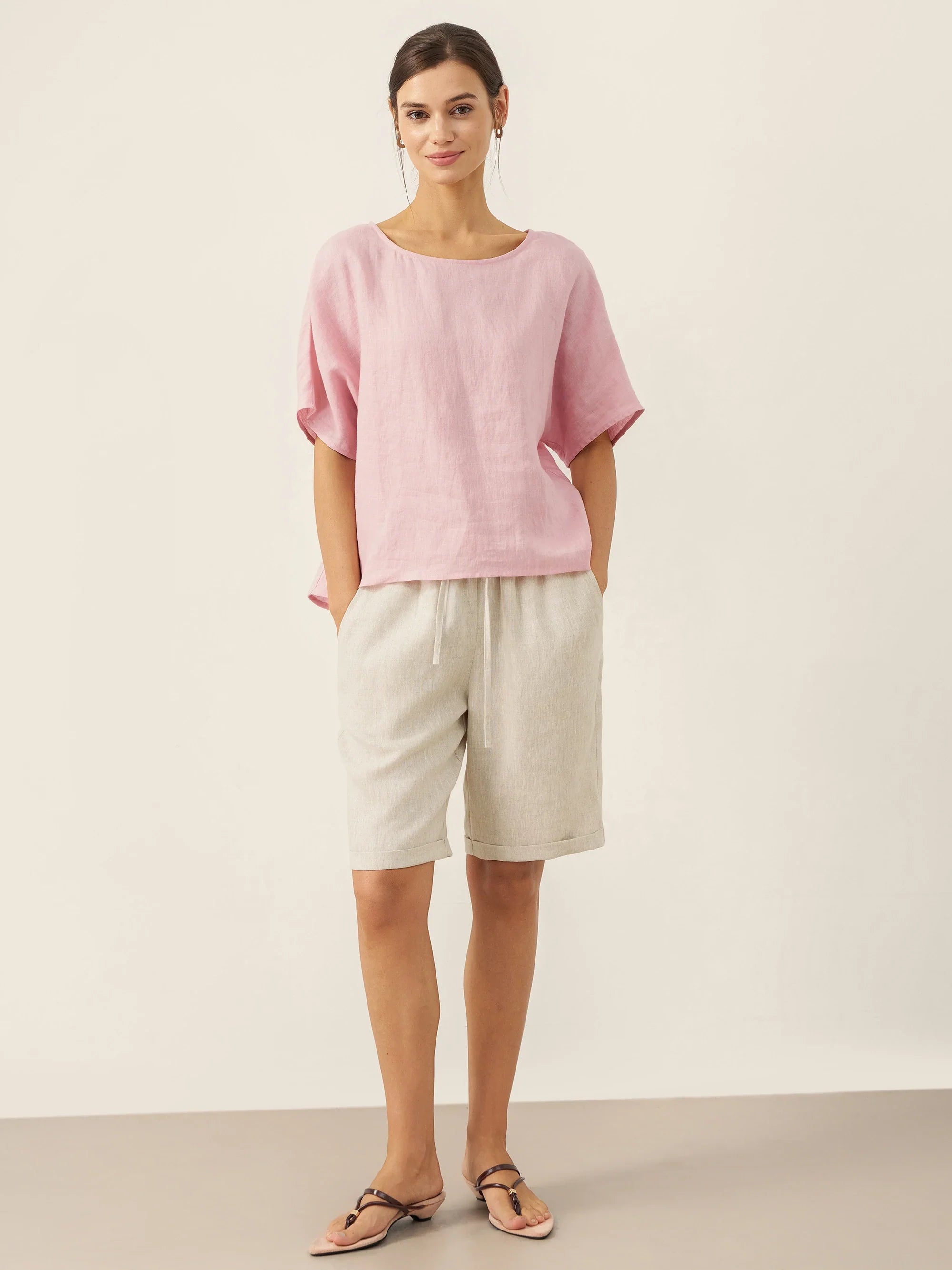 100% Linen Elastic Drawstring Waist Capri Pants XIMENA by LINTICO