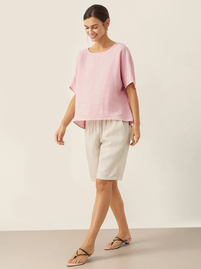100% Linen Elastic Drawstring Waist Capri Pants XIMENA by LINTICO