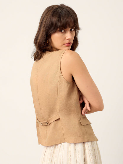 100% Linen Cinch-Back Sleeveless Tailored Vest BRONWYN by LINTICO
