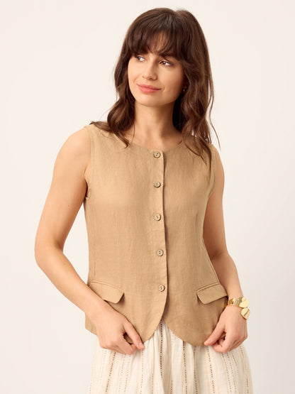 100% Linen Cinch-Back Sleeveless Tailored Vest BRONWYN by LINTICO