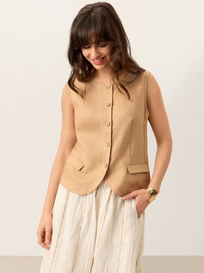 100% Linen Cinch-Back Sleeveless Tailored Vest BRONWYN by LINTICO