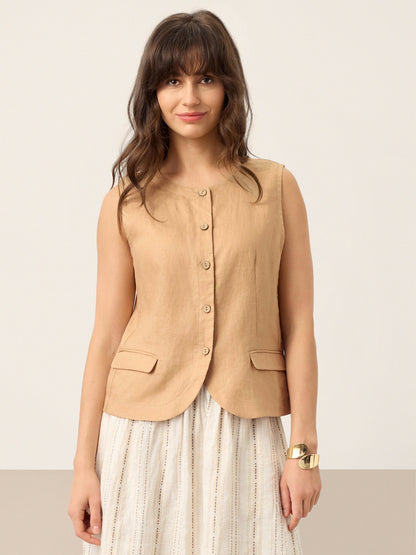 100% Linen Cinch-Back Sleeveless Tailored Vest BRONWYN by LINTICO