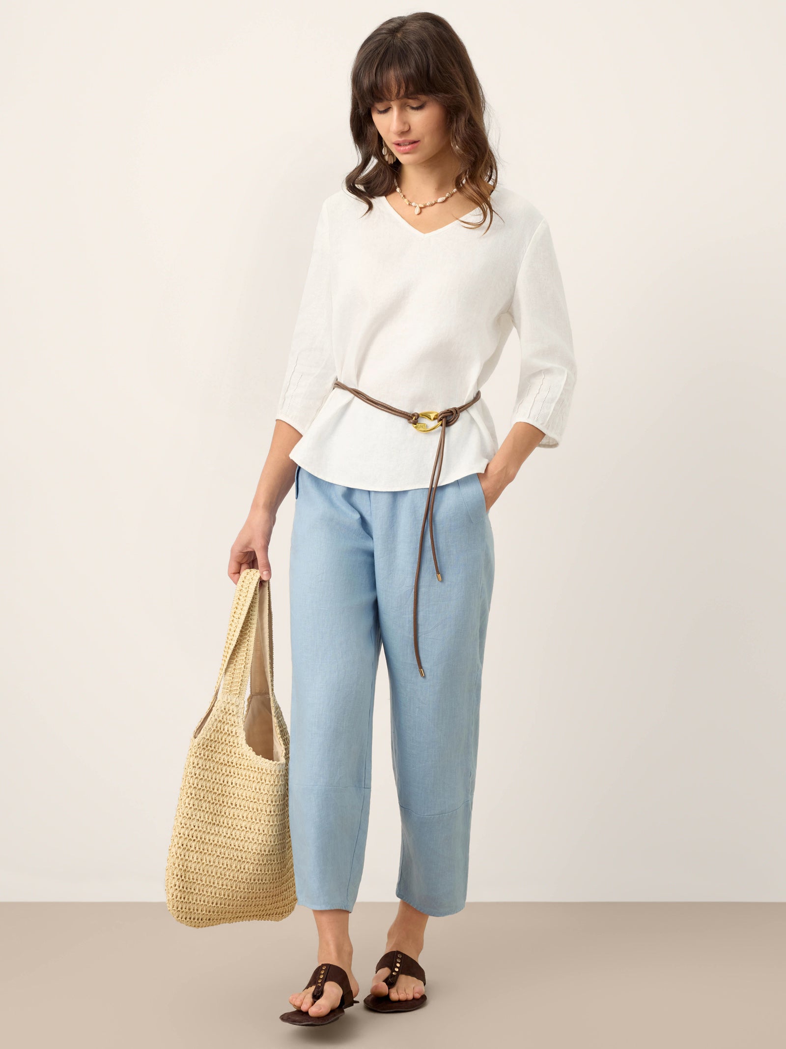 100% Linen Scoop Neck Slit Back Pullover Top FELICIA by LINTICO