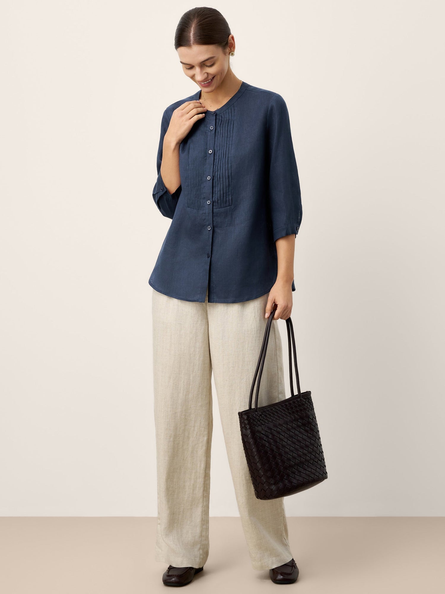 100% Linen Sculpted Accordion Pleat Crew Neck Shirt RANA by LINTICO