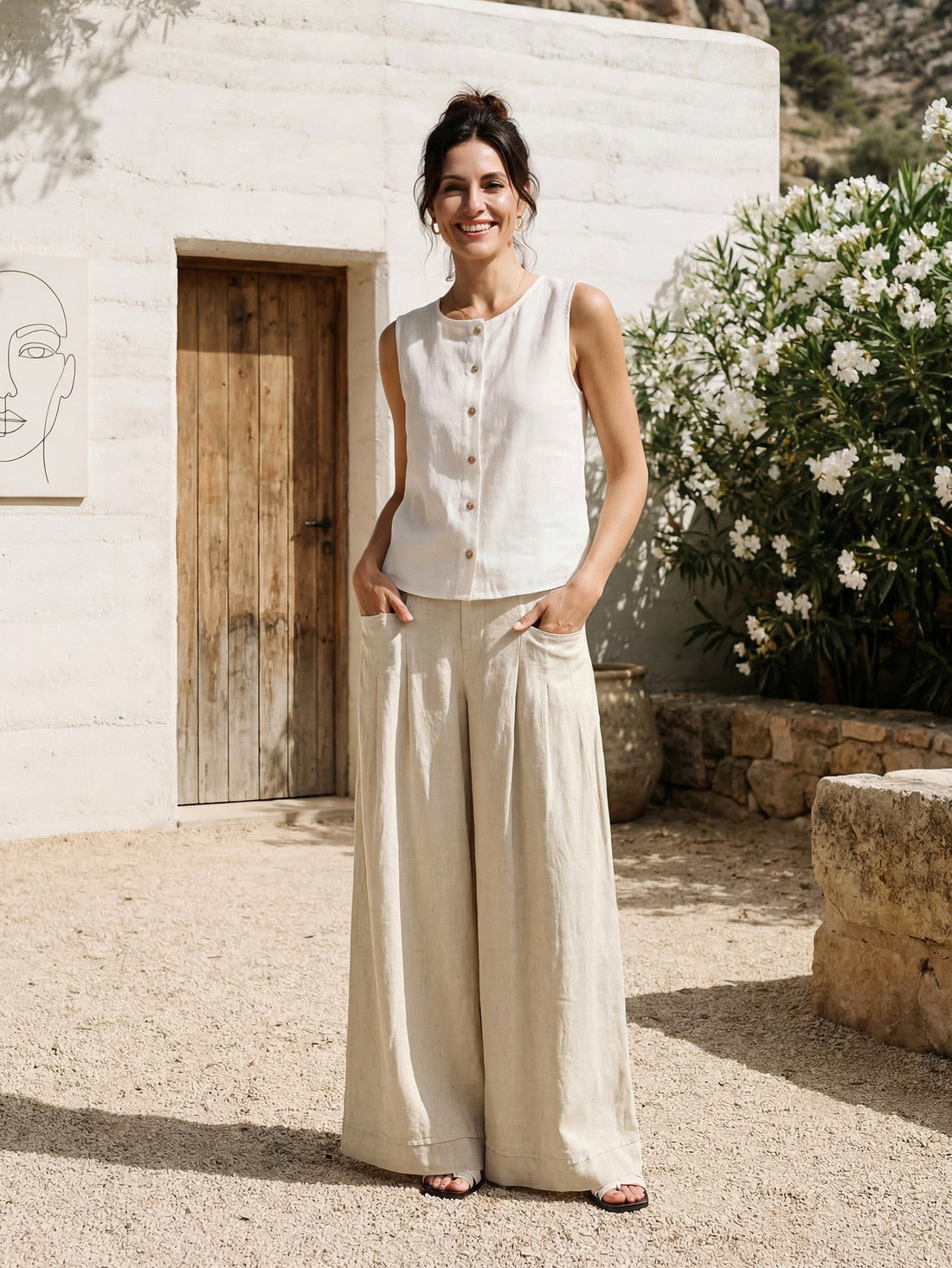 100% Linen Sculpted Pleat Elasticated Back Relaxed Pants VERIDIANA  DestGlow