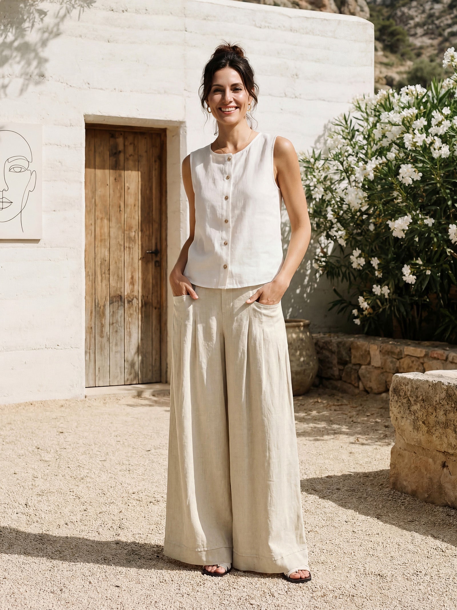 100% Linen Sculpted Pleat Elasticated Back Relaxed Pants VERIDIANA  DestGlow