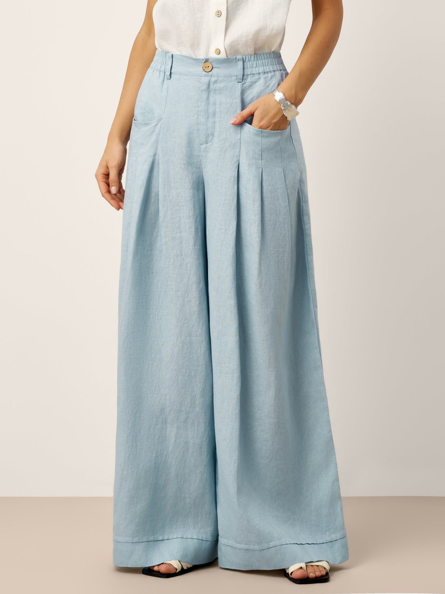 100% Linen Sculpted Pleat Elasticated Back Relaxed Pants VERIDIANA  DestGlow
