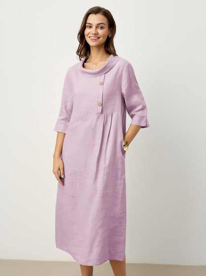 100% Linen Rolled Collar Asymmetric Button Maxi Dress ELARAINE by LINTICO