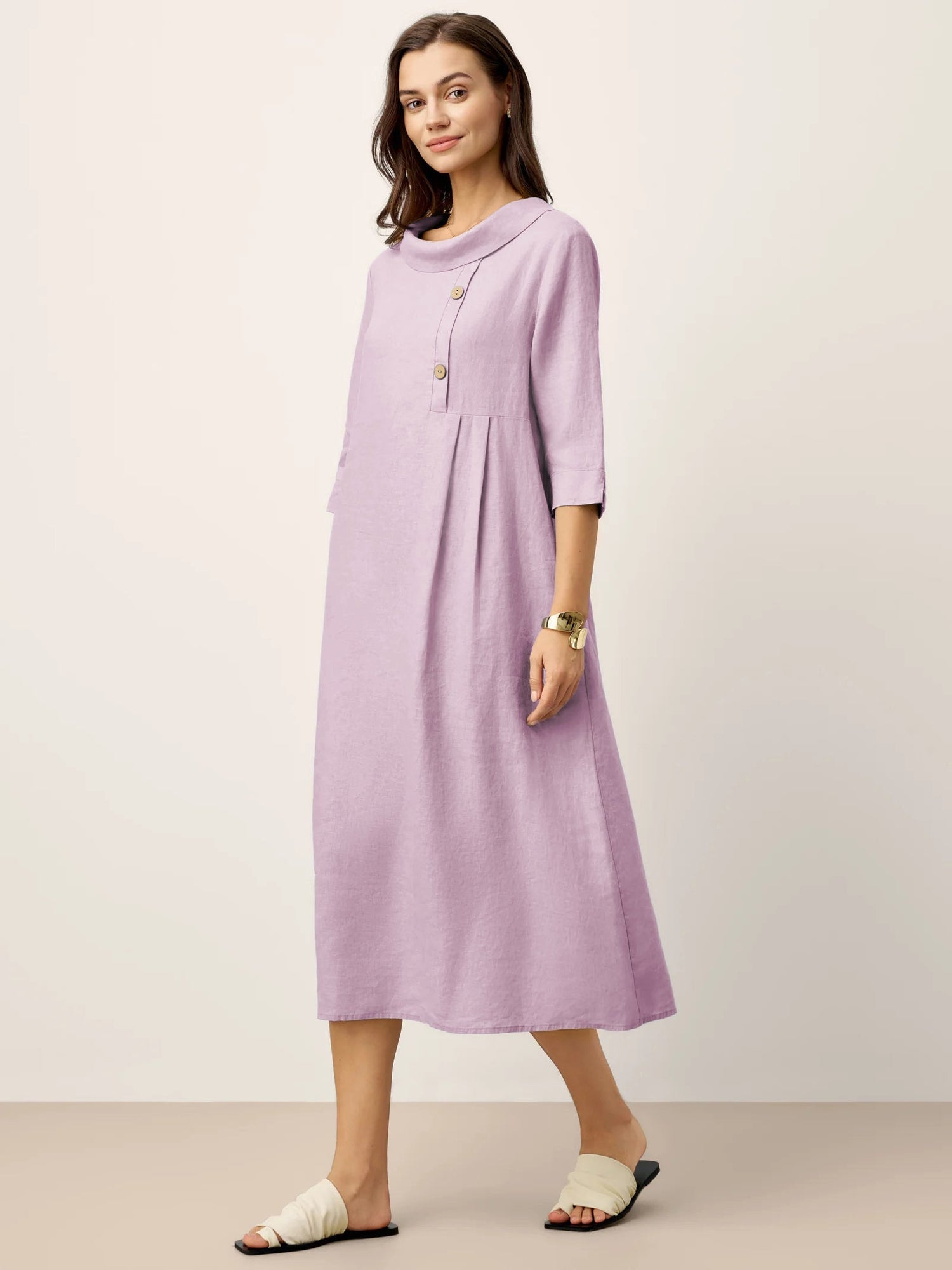 100% Linen Rolled Collar Asymmetric Button Maxi Dress ELARAINE by LINTICO
