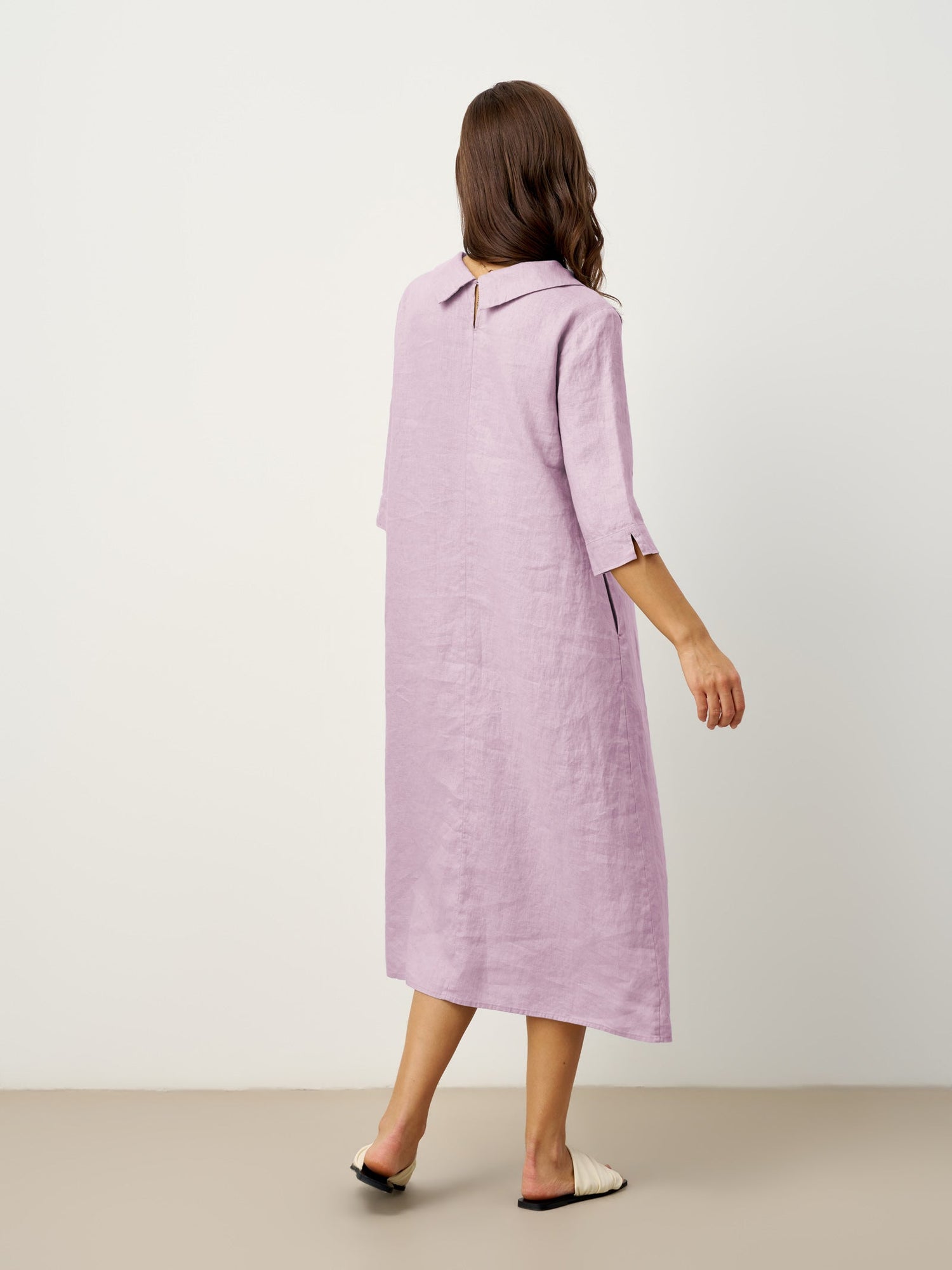 100% Linen Rolled Collar Asymmetric Button Maxi Dress ELARAINE by LINTICO