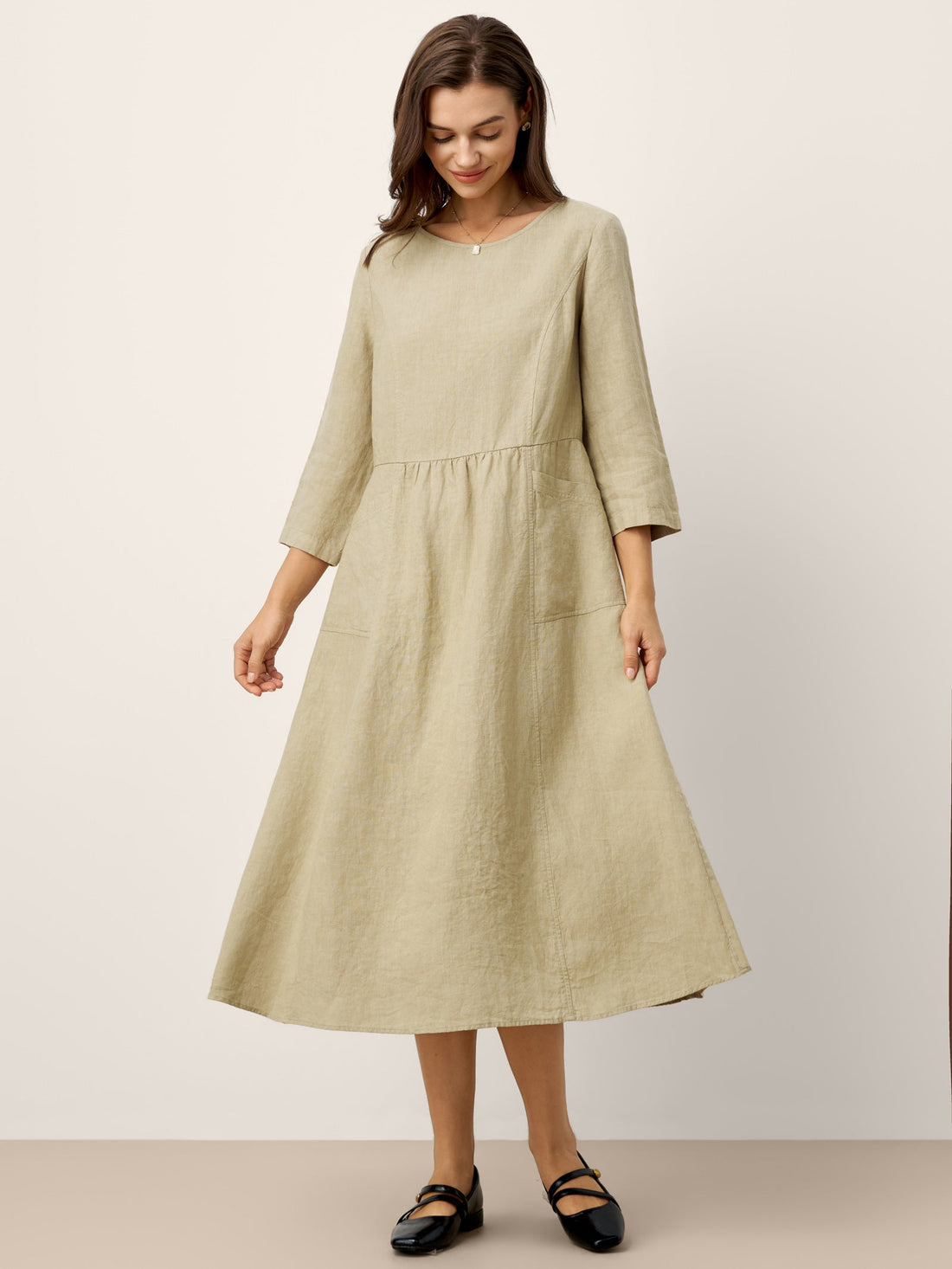 100% Linen Shirred Waistline Patch Pocket Maxi Dress MARCELLA by LINTICO