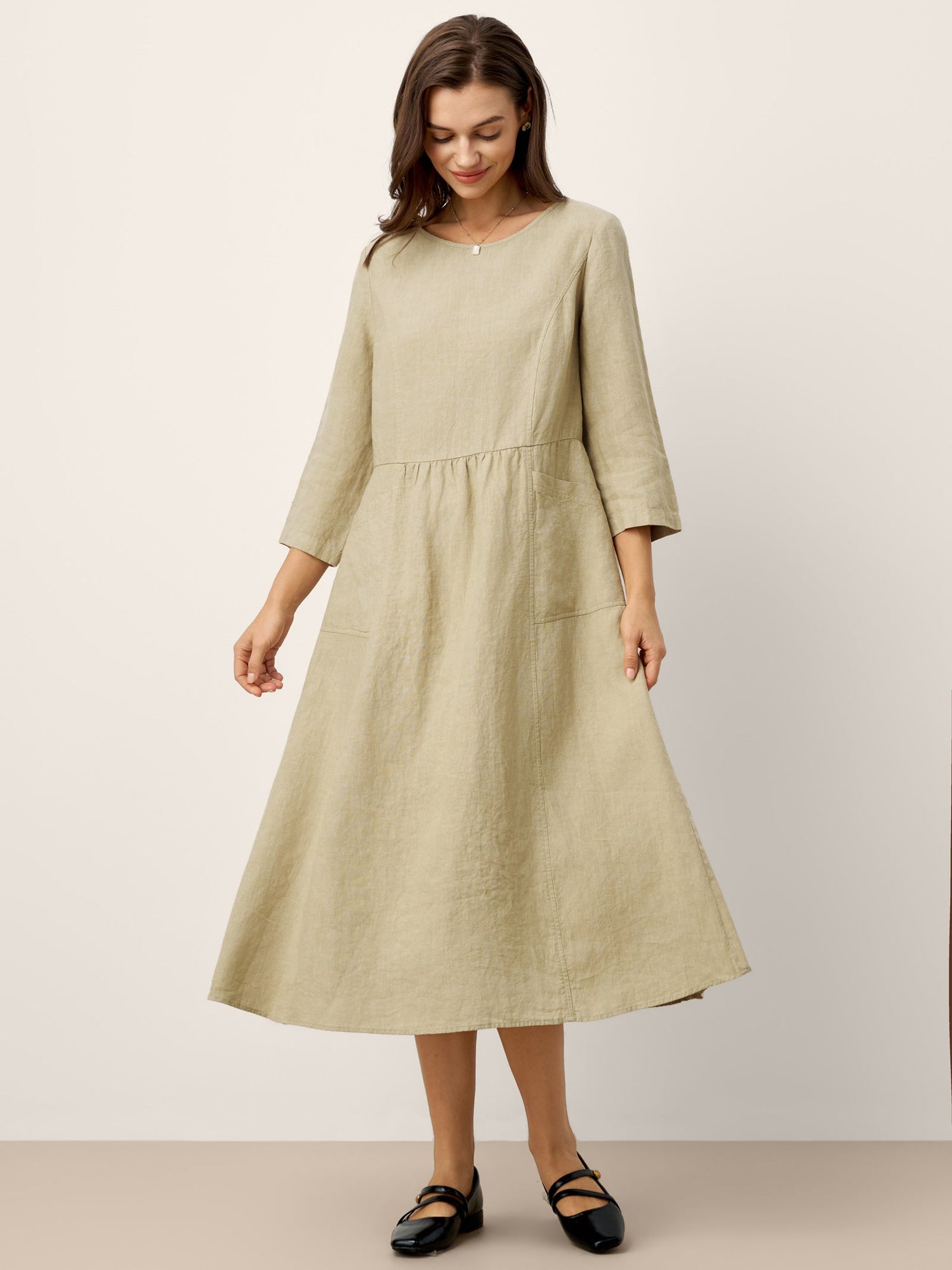 100% Linen Shirred Waistline Patch Pocket Maxi Dress MARCELLA by LINTICO