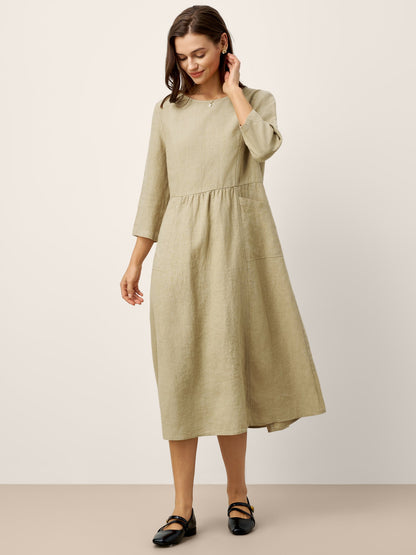 100% Linen Shirred Waistline Patch Pocket Maxi Dress MARCELLA by LINTICO