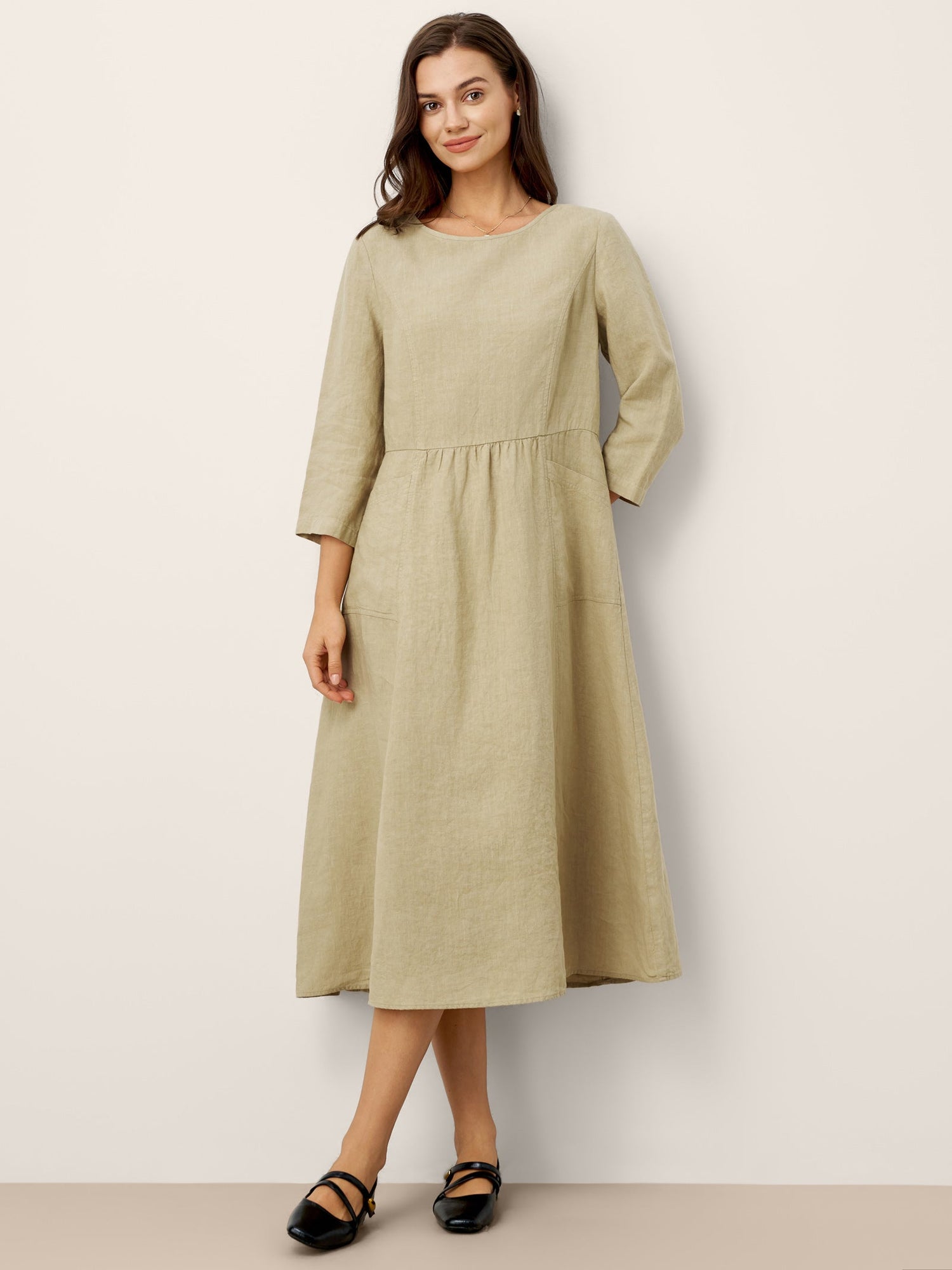 100% Linen Shirred Waistline Patch Pocket Maxi Dress MARCELLA by LINTICO
