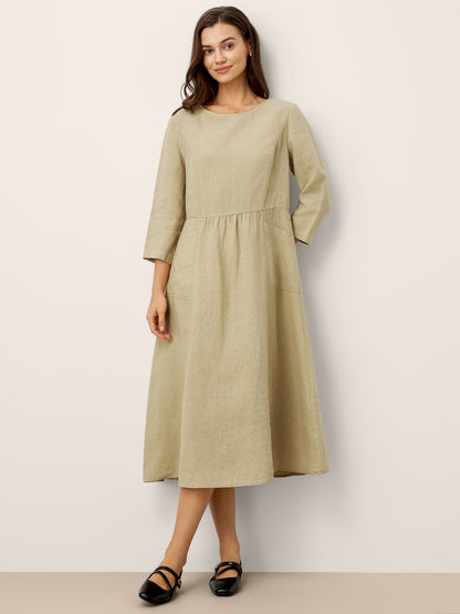 100% Linen Shirred Waistline Patch Pocket Maxi Dress MARCELLA by LINTICO