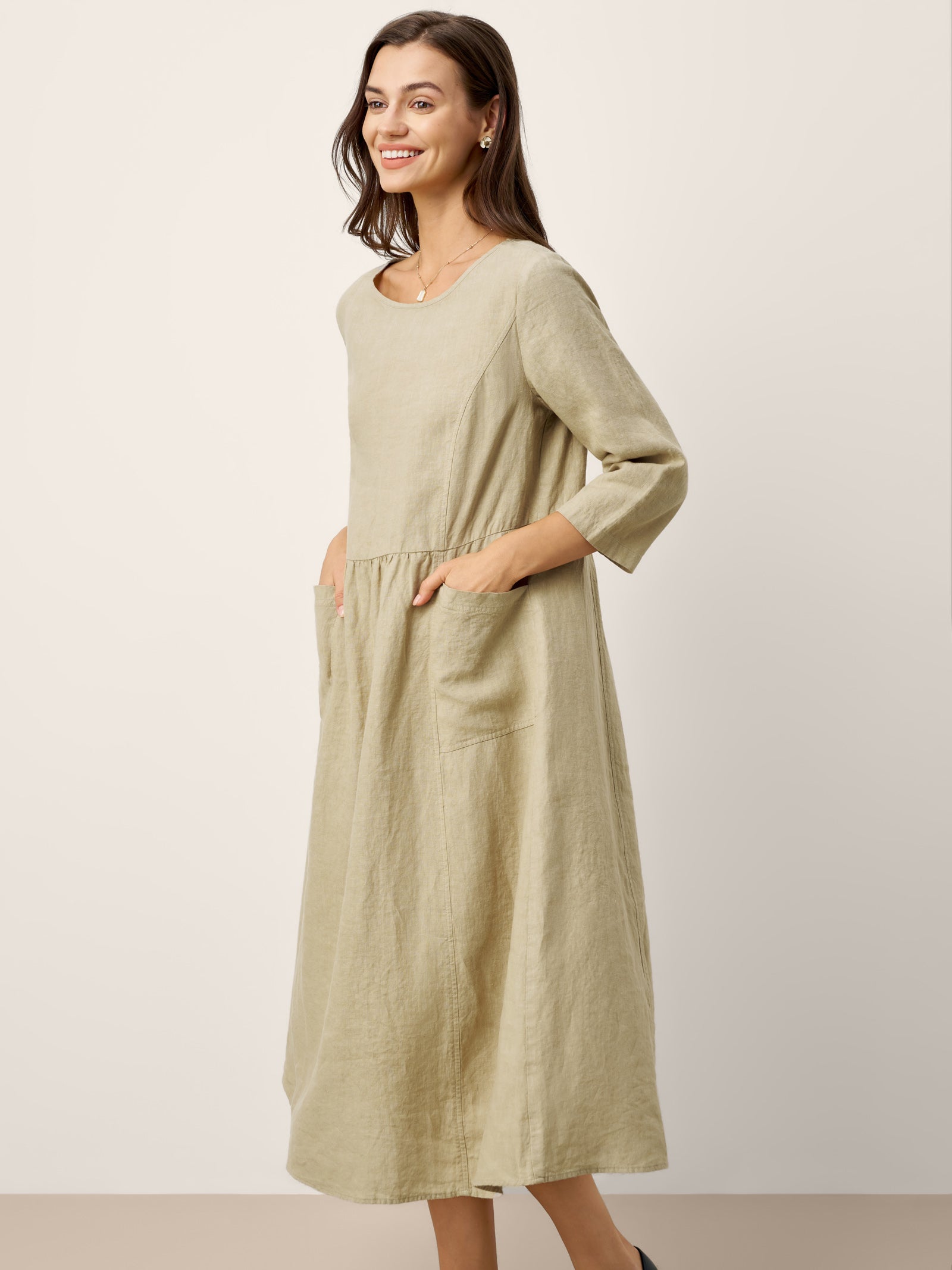 100% Linen Shirred Waistline Patch Pocket Maxi Dress MARCELLA by LINTICO