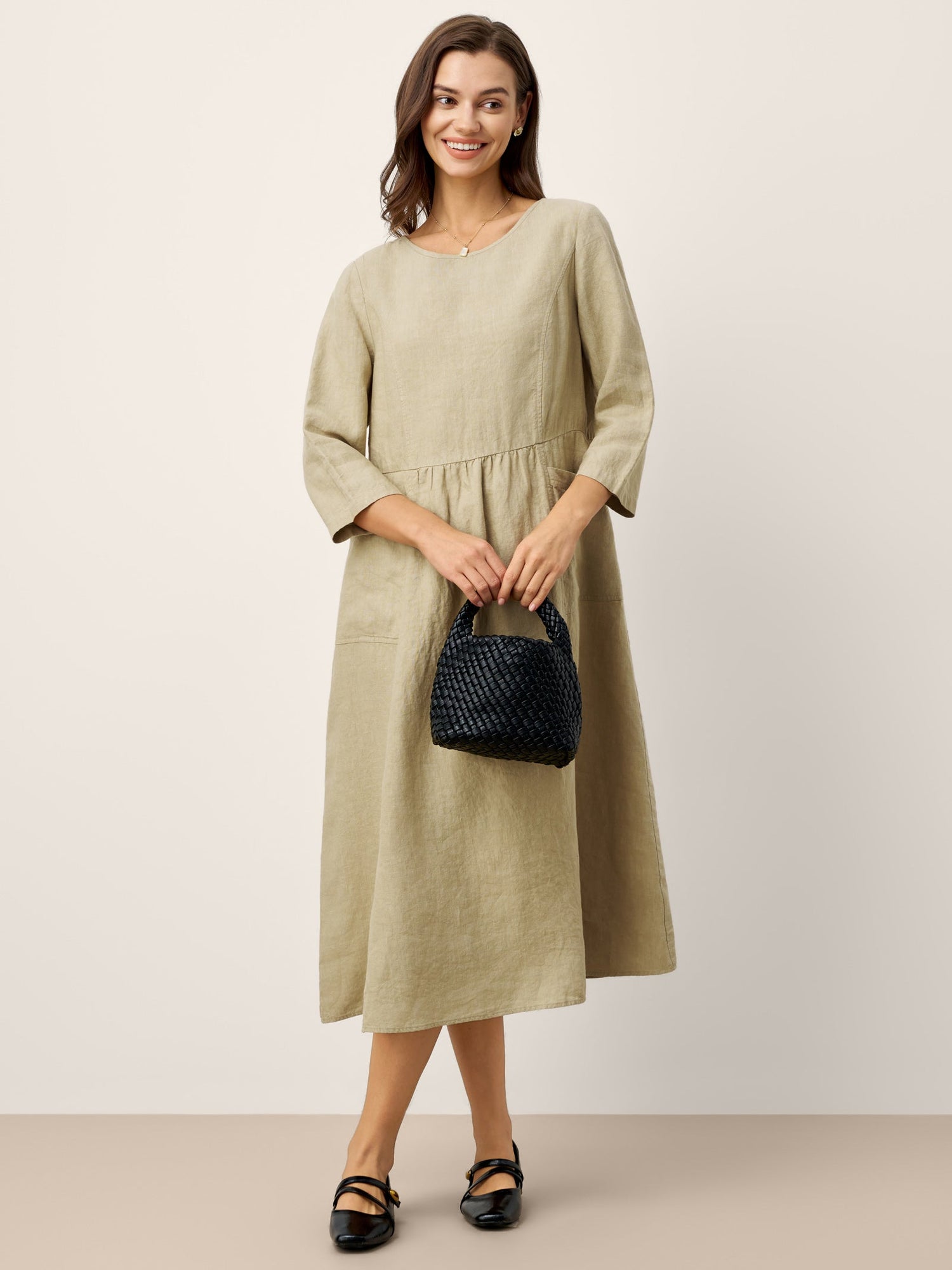 100% Linen Shirred Waistline Patch Pocket Maxi Dress MARCELLA by LINTICO