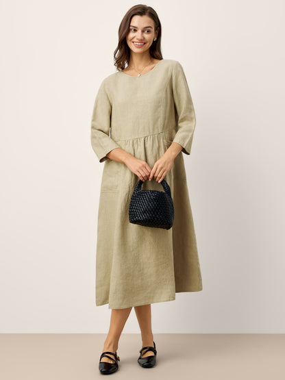 100% Linen Shirred Waistline Patch Pocket Maxi Dress MARCELLA by LINTICO
