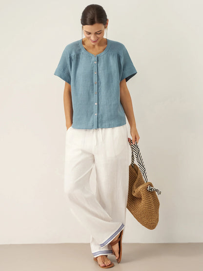 100% Linen Short Sleeve Crew Neck Shirt FINA by LINTICO