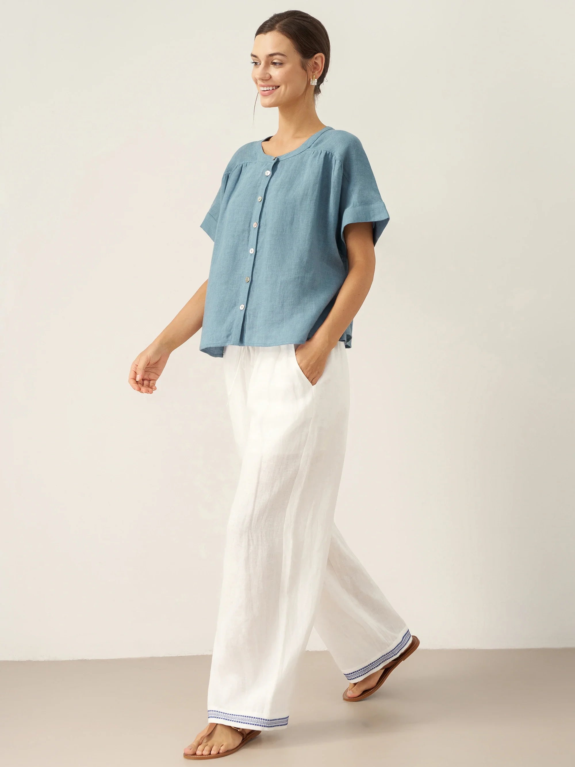 100% Linen Short Sleeve Crew Neck Shirt FINA by LINTICO