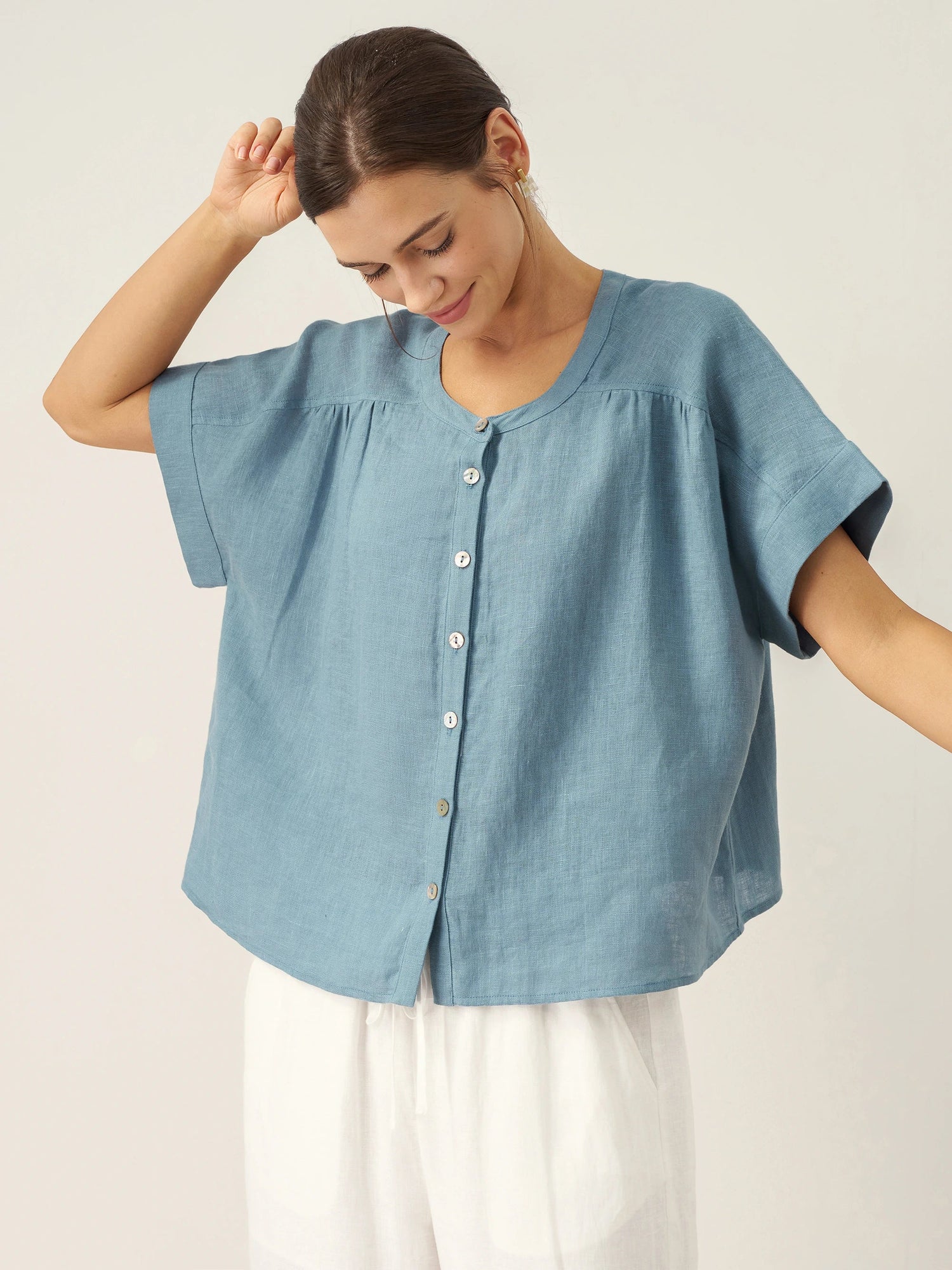 100% Linen Short Sleeve Crew Neck Shirt FINA by LINTICO