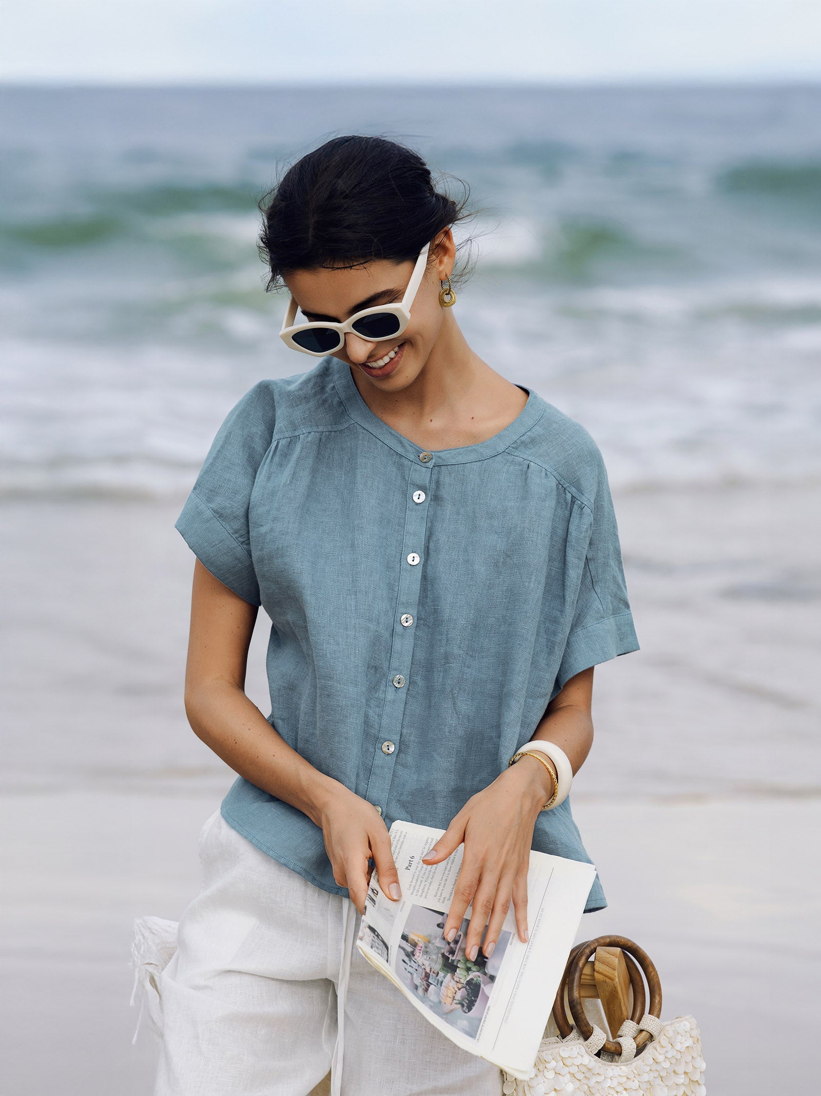 100% Linen Short Sleeve Crew Neck Shirt FINA by LINTICO
