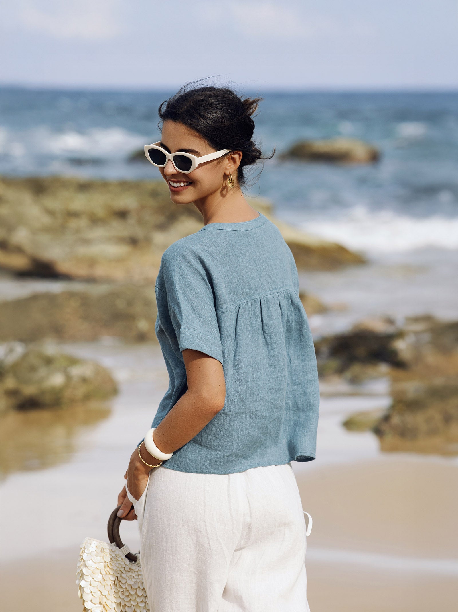 100% Linen Short Sleeve Crew Neck Shirt FINA by LINTICO