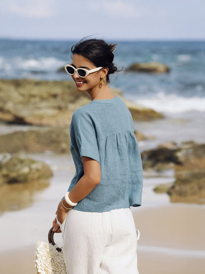 100% Linen Short Sleeve Crew Neck Shirt FINA by LINTICO