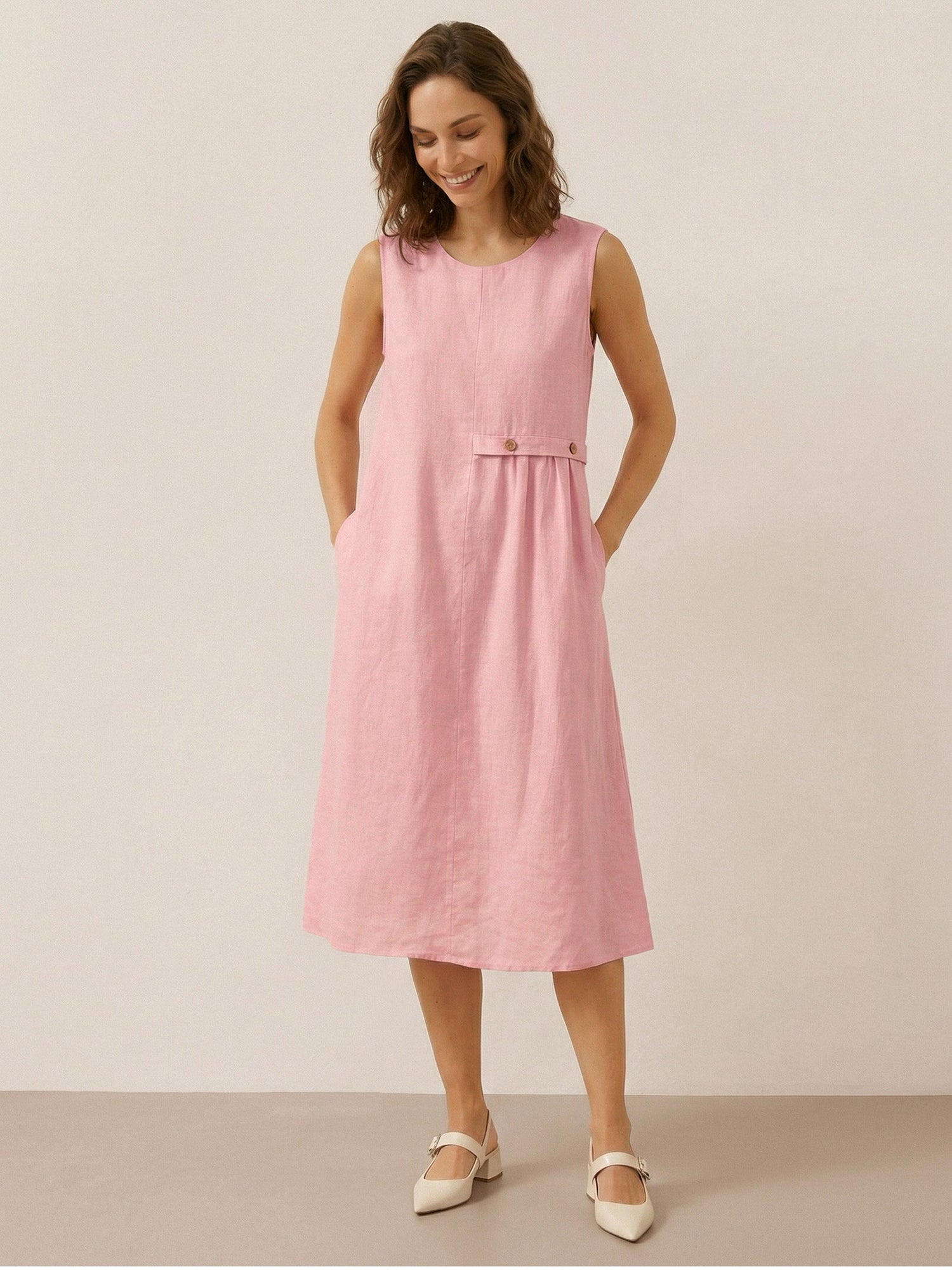 100% Linen Sleeveless Accordion Pleat Midi Dress TINA by LINTICO