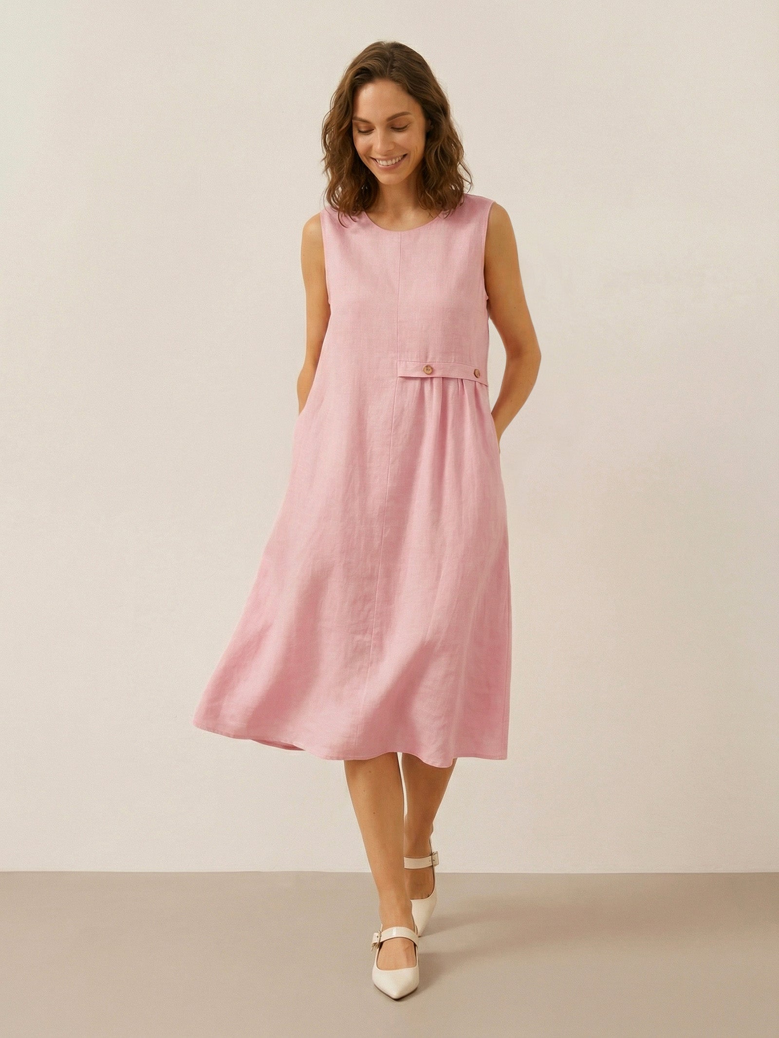 100% Linen Sleeveless Accordion Pleat Midi Dress TINA by LINTICO