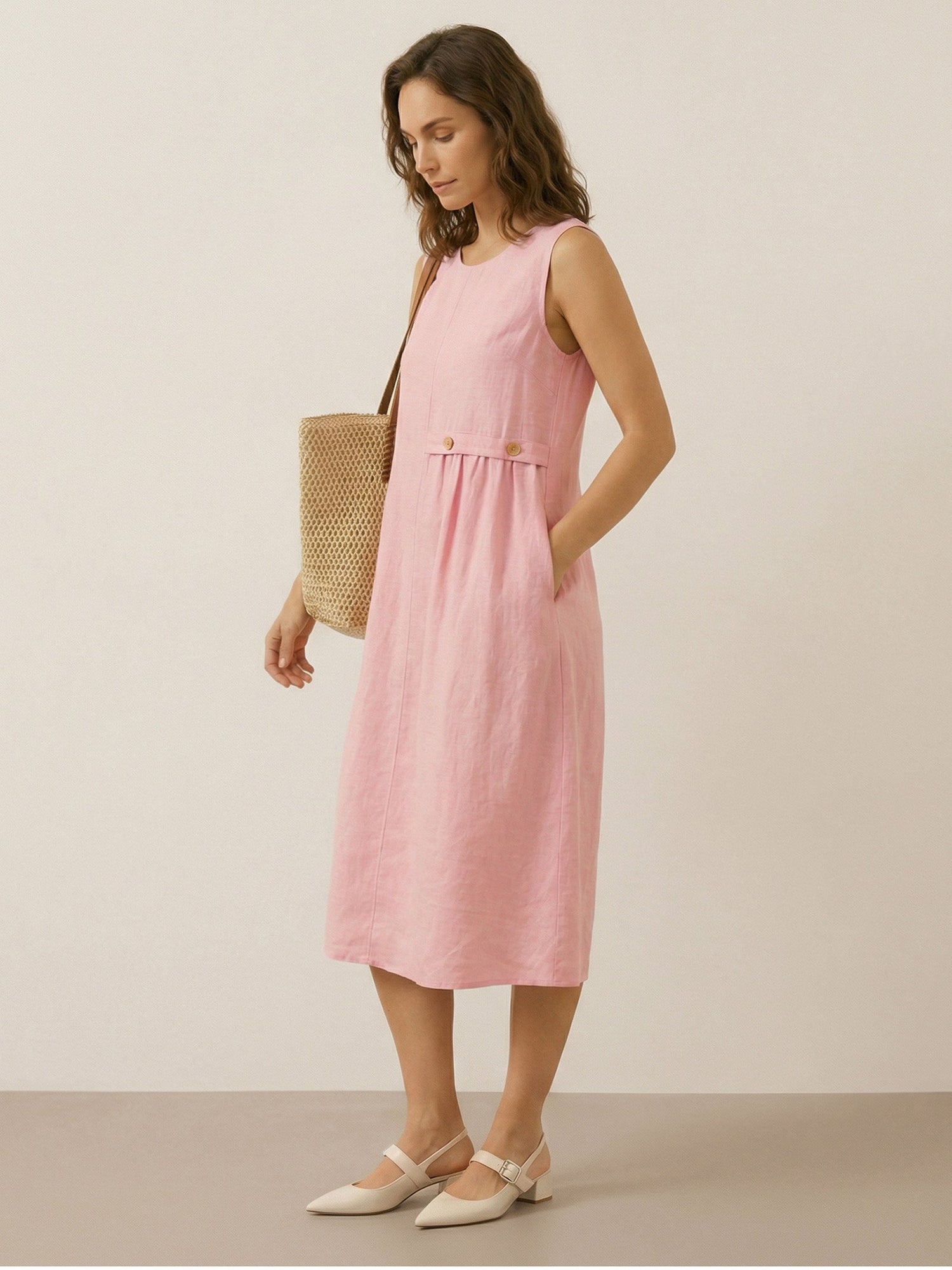 100% Linen Sleeveless Accordion Pleat Midi Dress TINA by LINTICO