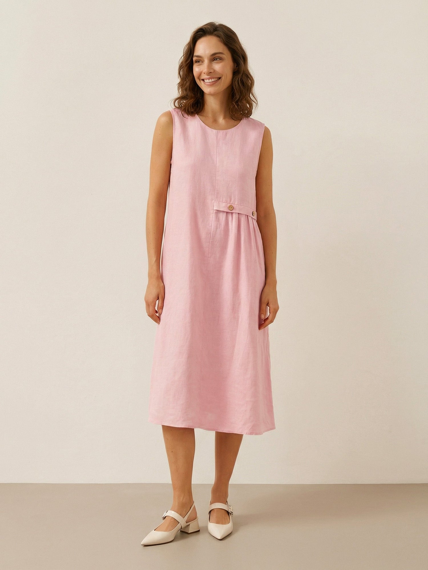 100% Linen Sleeveless Accordion Pleat Midi Dress TINA by LINTICO