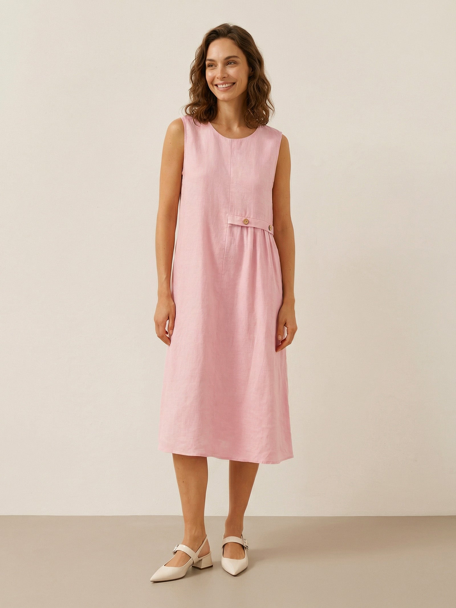 100% Linen Sleeveless Accordion Pleat Midi Dress TINA by LINTICO