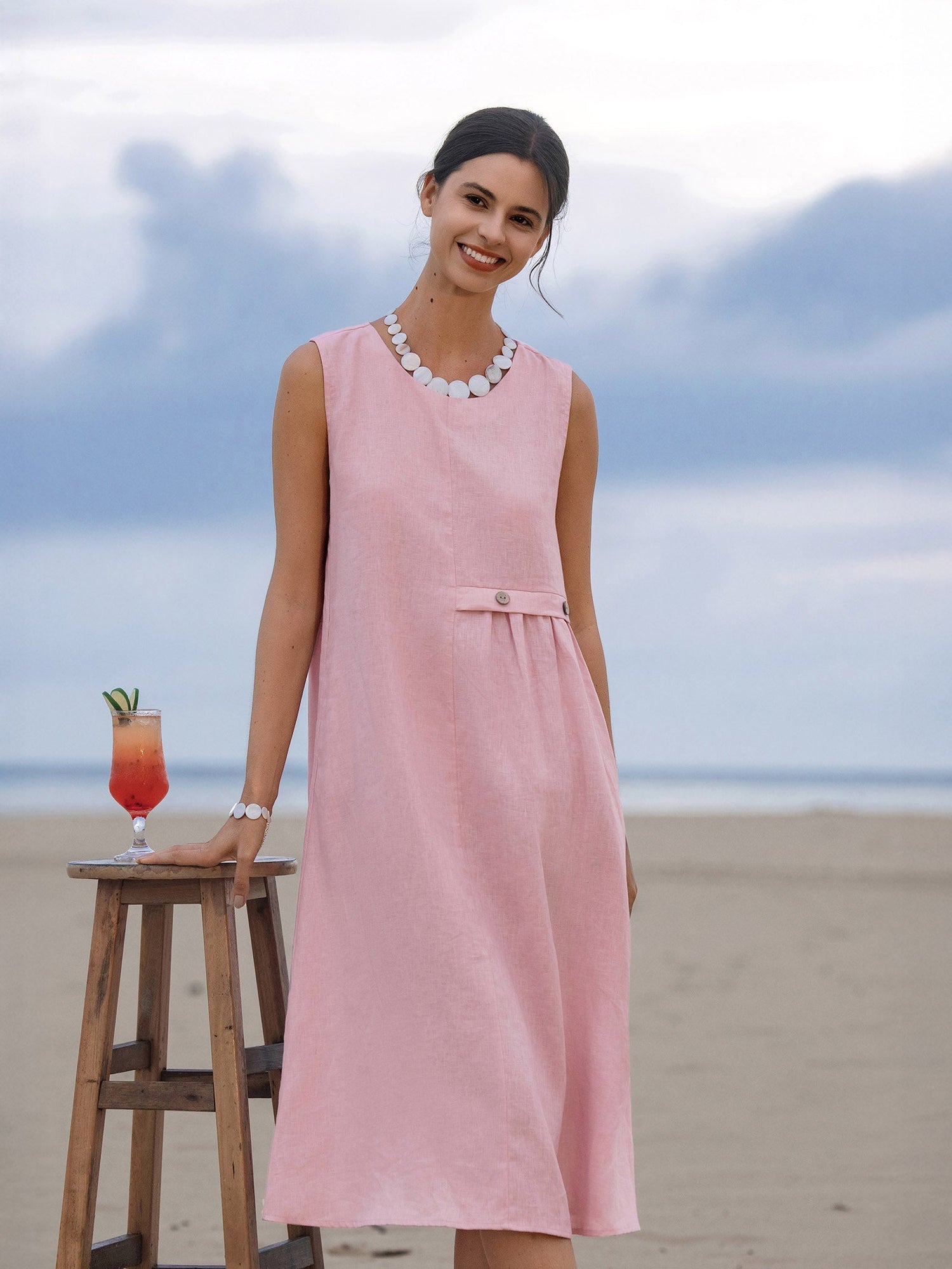 100% Linen Sleeveless Accordion Pleat Midi Dress TINA by LINTICO