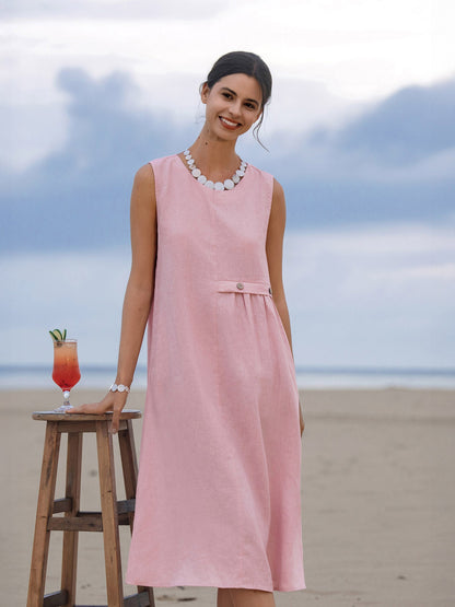 100% Linen Sleeveless Accordion Pleat Midi Dress TINA by LINTICO