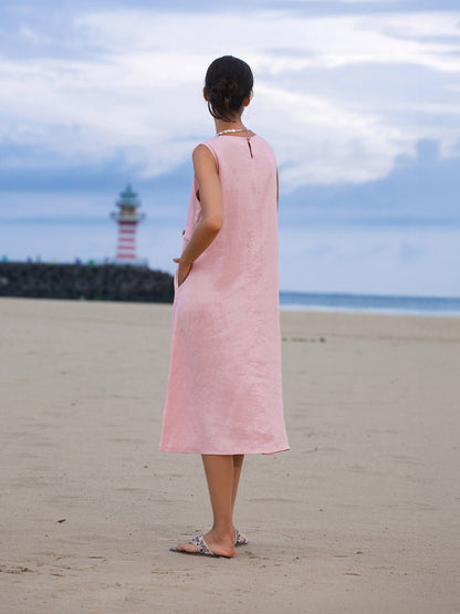 100% Linen Sleeveless Accordion Pleat Midi Dress TINA by LINTICO