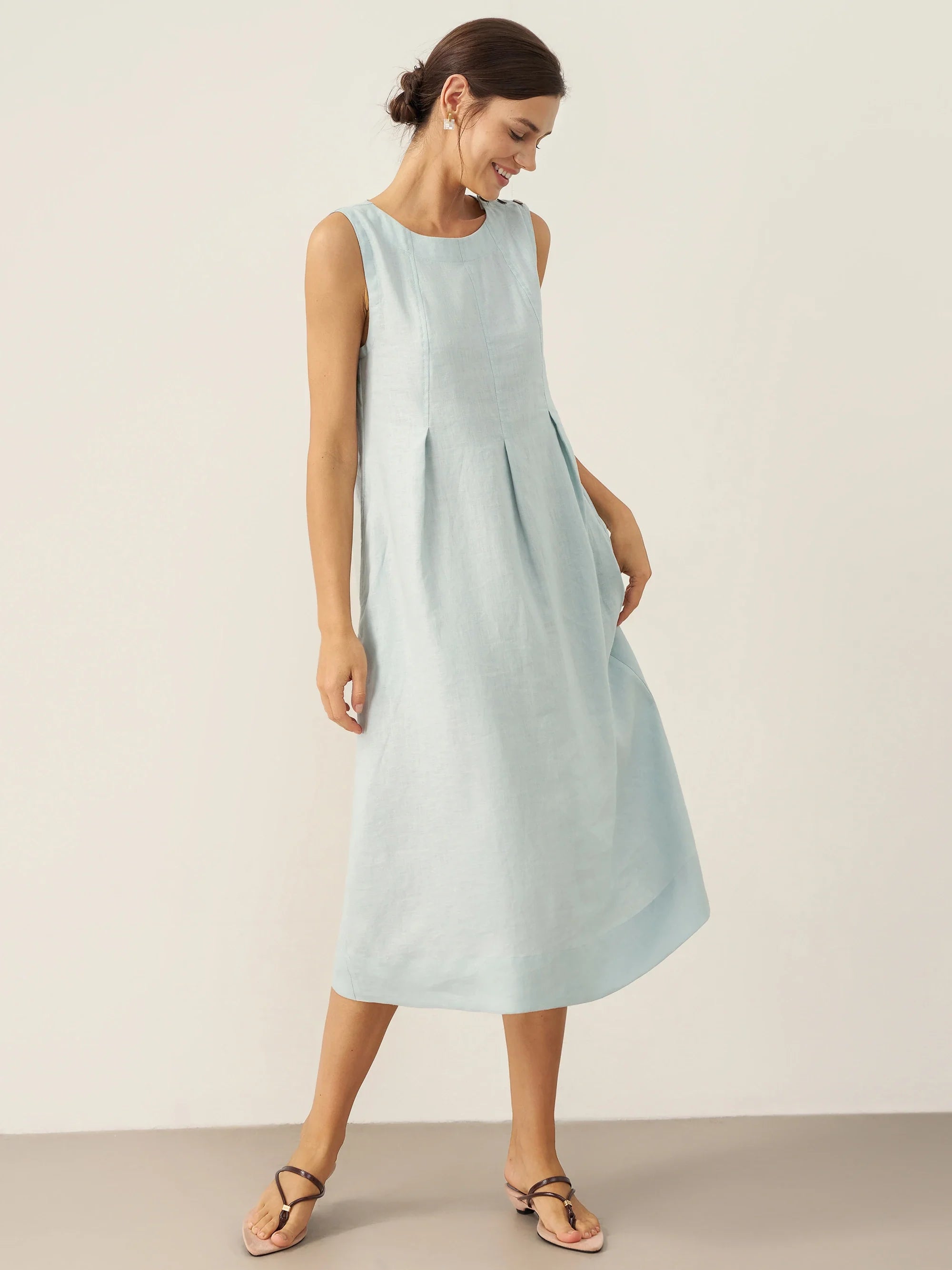 100% Linen Sleeveless Shoulder Button Midi Dress FREYA by LINTICO