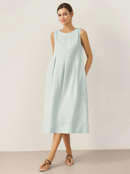 100% Linen Sleeveless Shoulder Button Midi Dress FREYA by LINTICO