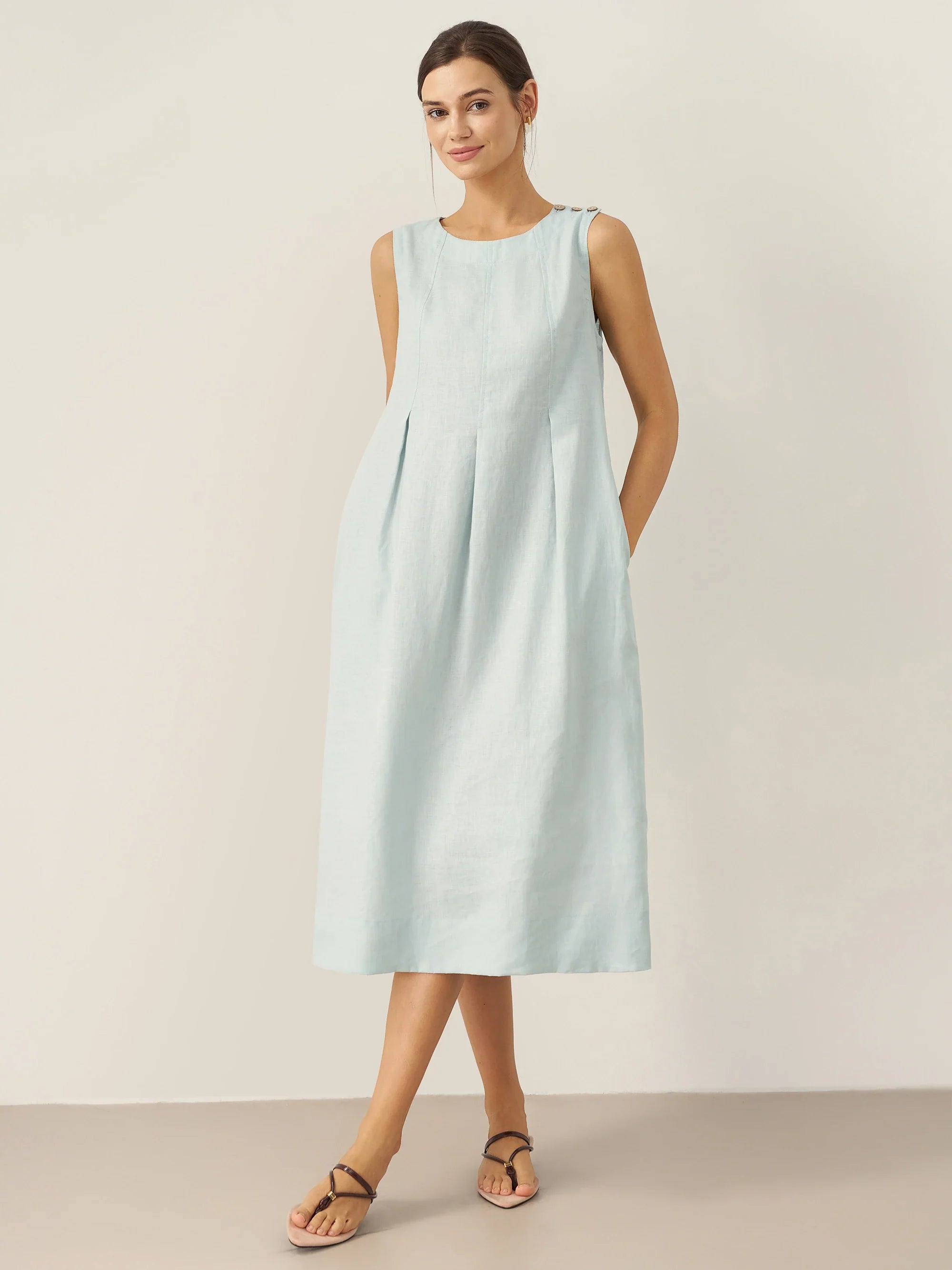 100% Linen Sleeveless Shoulder Button Midi Dress FREYA by LINTICO