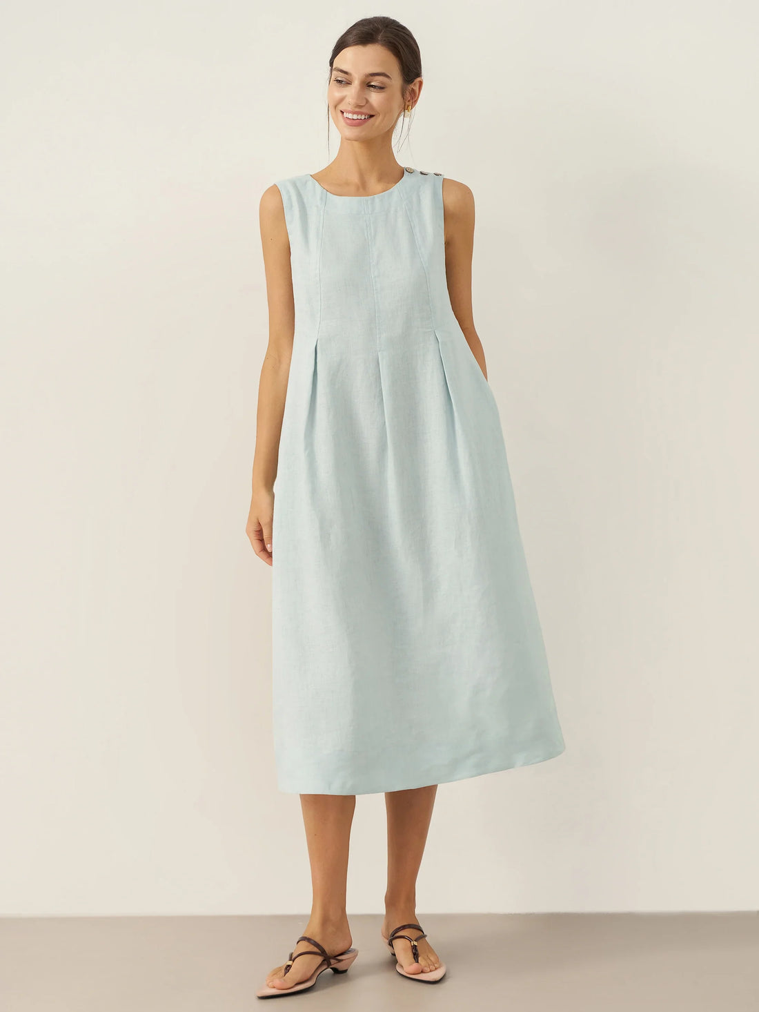 100% Linen Sleeveless Shoulder Button Midi Dress FREYA by LINTICO