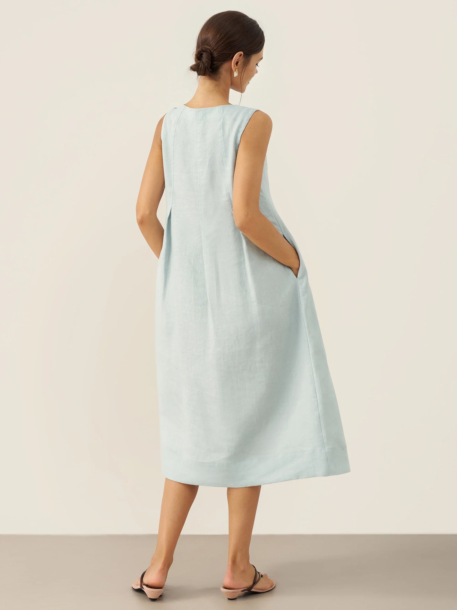 100% Linen Sleeveless Shoulder Button Midi Dress FREYA by LINTICO