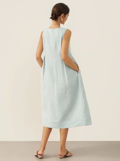 100% Linen Sleeveless Shoulder Button Midi Dress FREYA by LINTICO