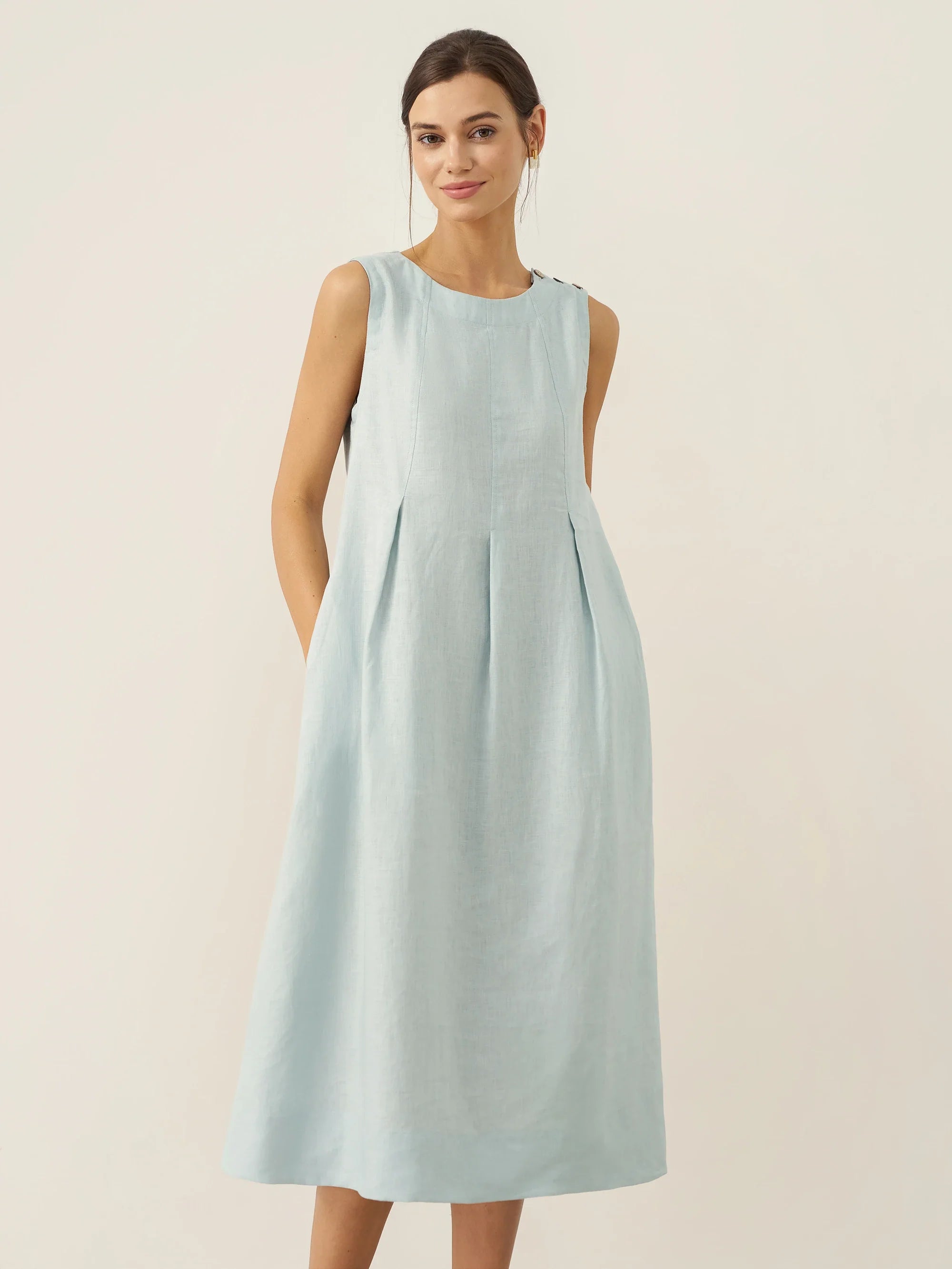 100% Linen Sleeveless Shoulder Button Midi Dress FREYA by LINTICO