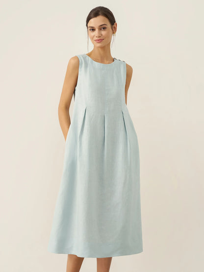 100% Linen Sleeveless Shoulder Button Midi Dress FREYA by LINTICO