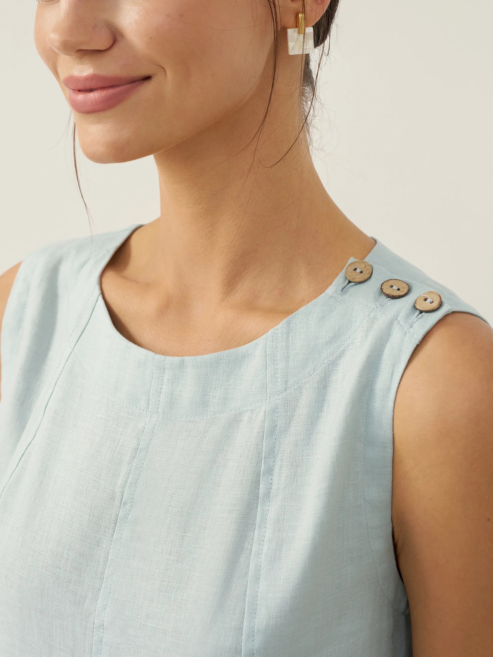 100% Linen Sleeveless Shoulder Button Midi Dress FREYA by LINTICO