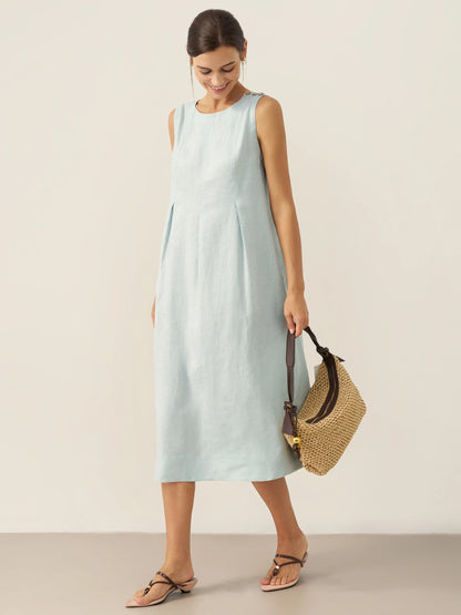 100% Linen Sleeveless Shoulder Button Midi Dress FREYA by LINTICO
