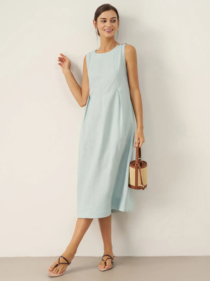 100% Linen Sleeveless Shoulder Button Midi Dress FREYA by LINTICO