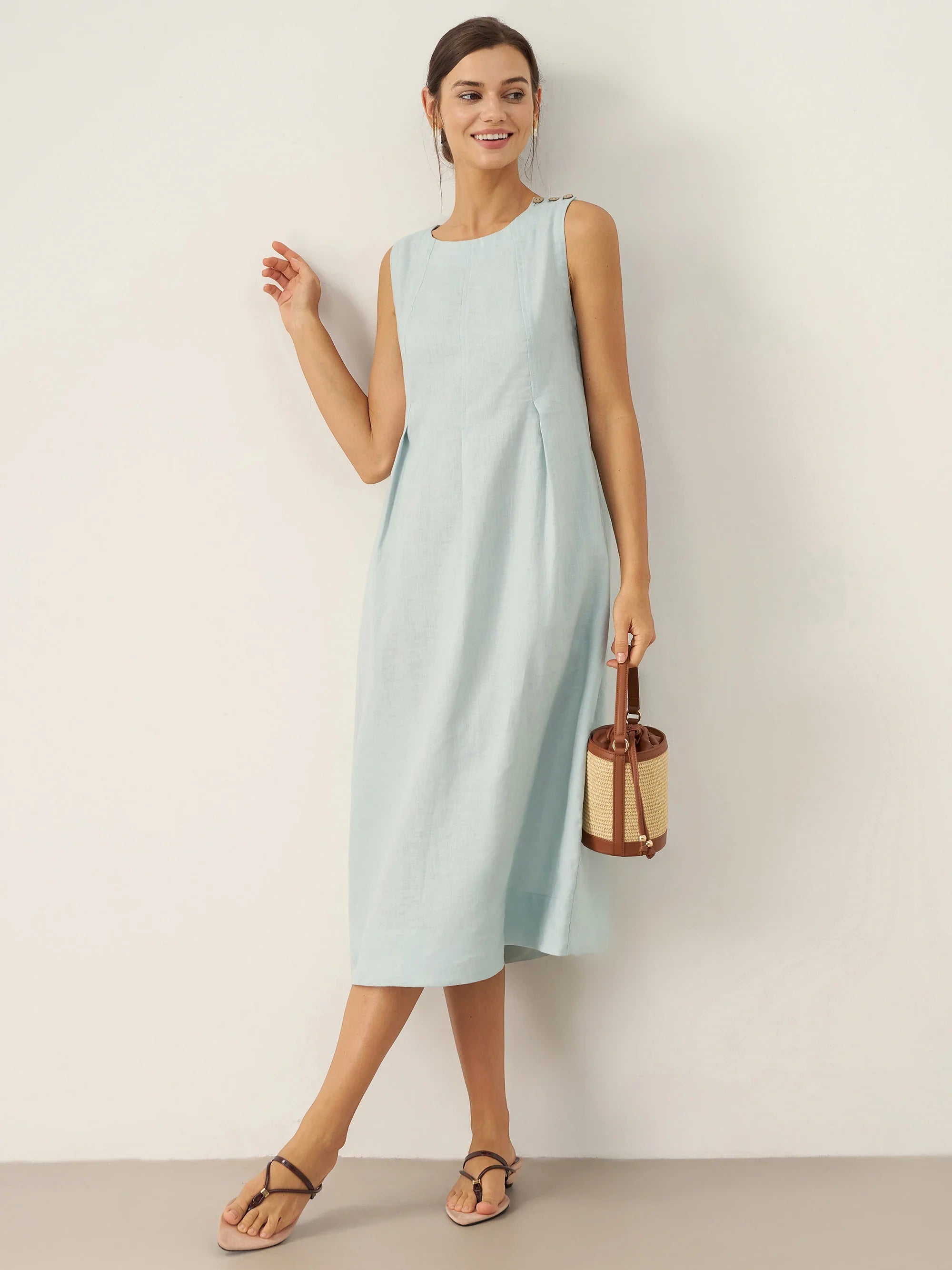 100% Linen Sleeveless Shoulder Button Midi Dress FREYA by LINTICO