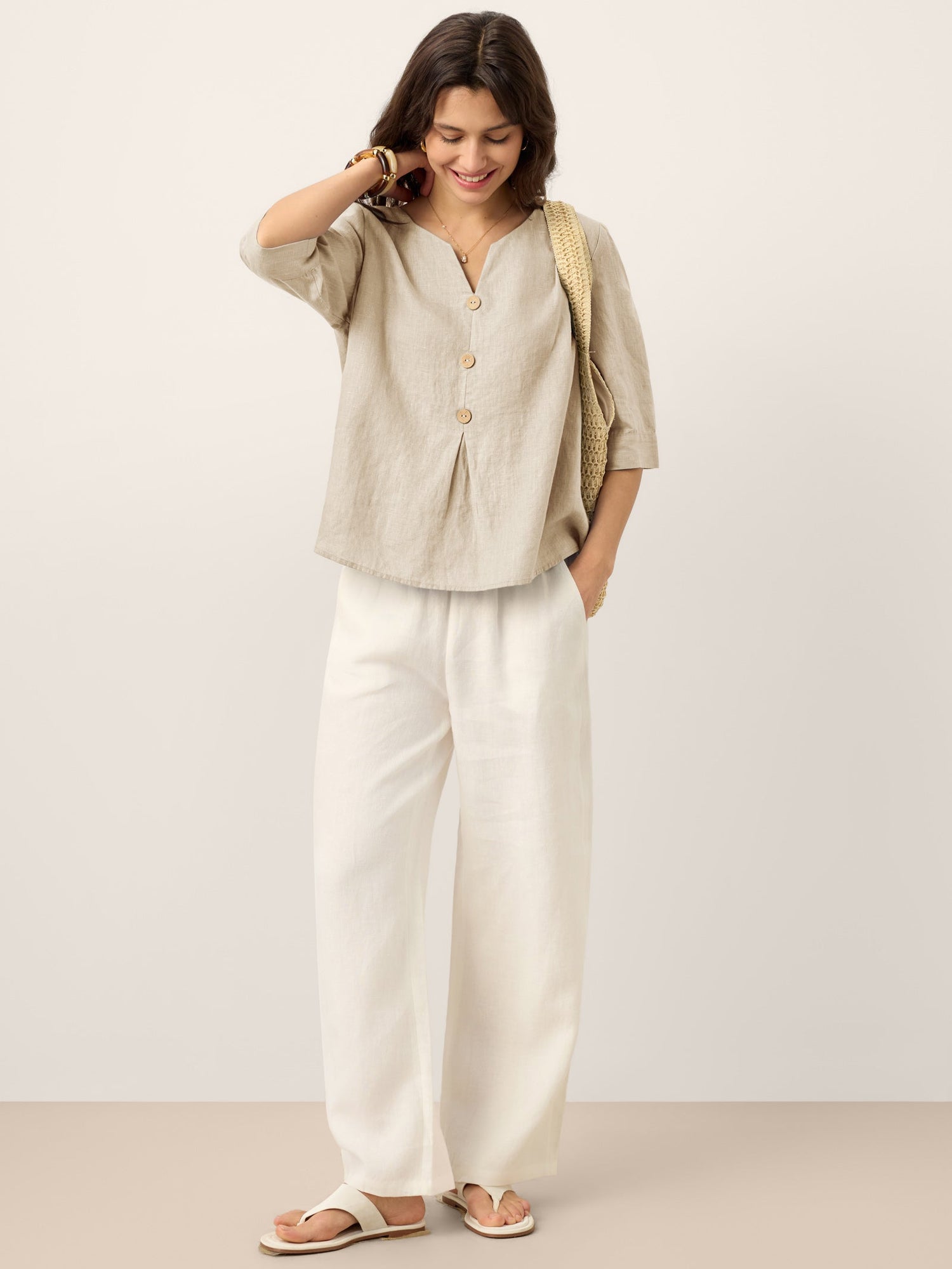 100% Linen Split Neck Inverted Pleat Top TABITHA by LINTICO
